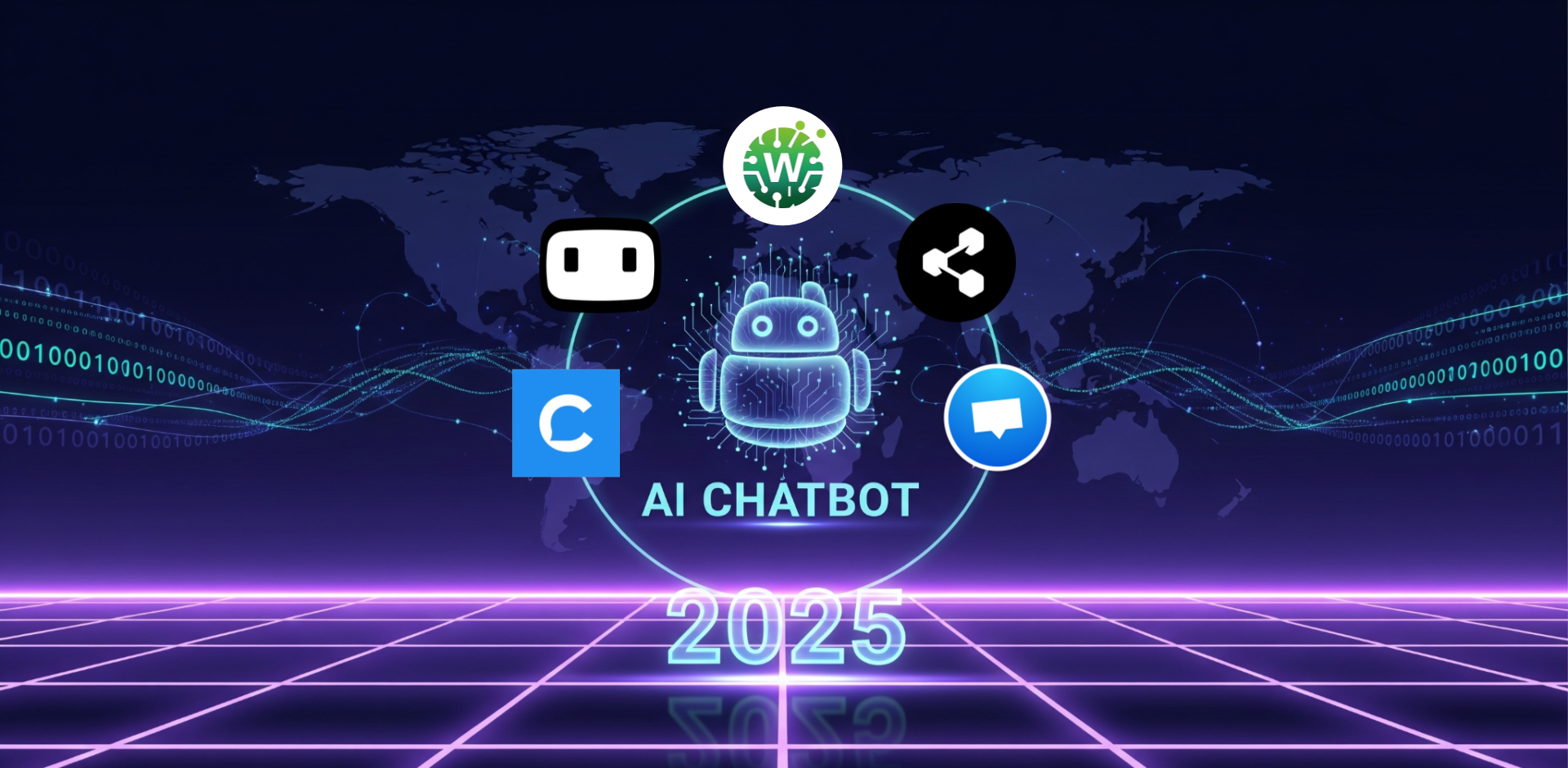 Five futuristic chatbot icons orbiting a globe